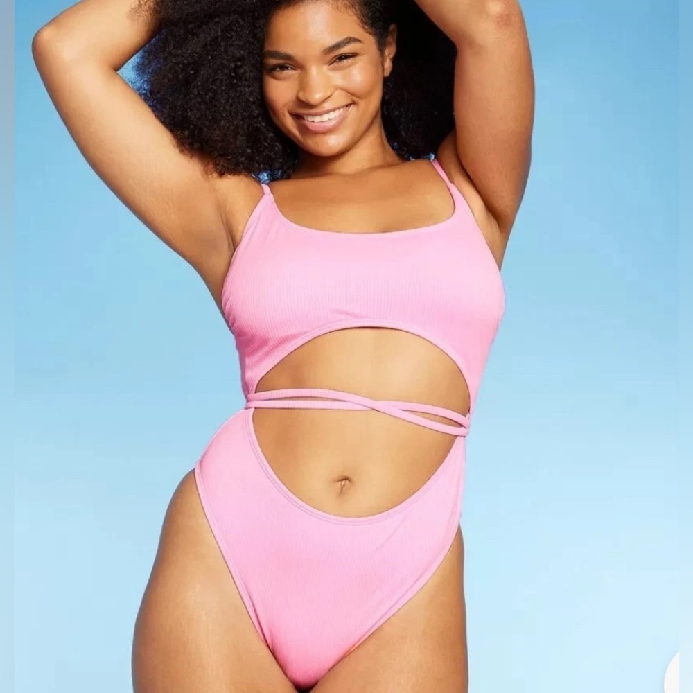 Wild Fable Wrap Cut Out Extra Cheeky One Piece Swimsuit Womens Large Rib Pink